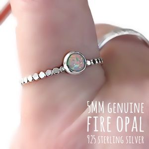 (2-13) 925 Sterling Silver 5MM Australian White Fire Opal Beaded Band Ring